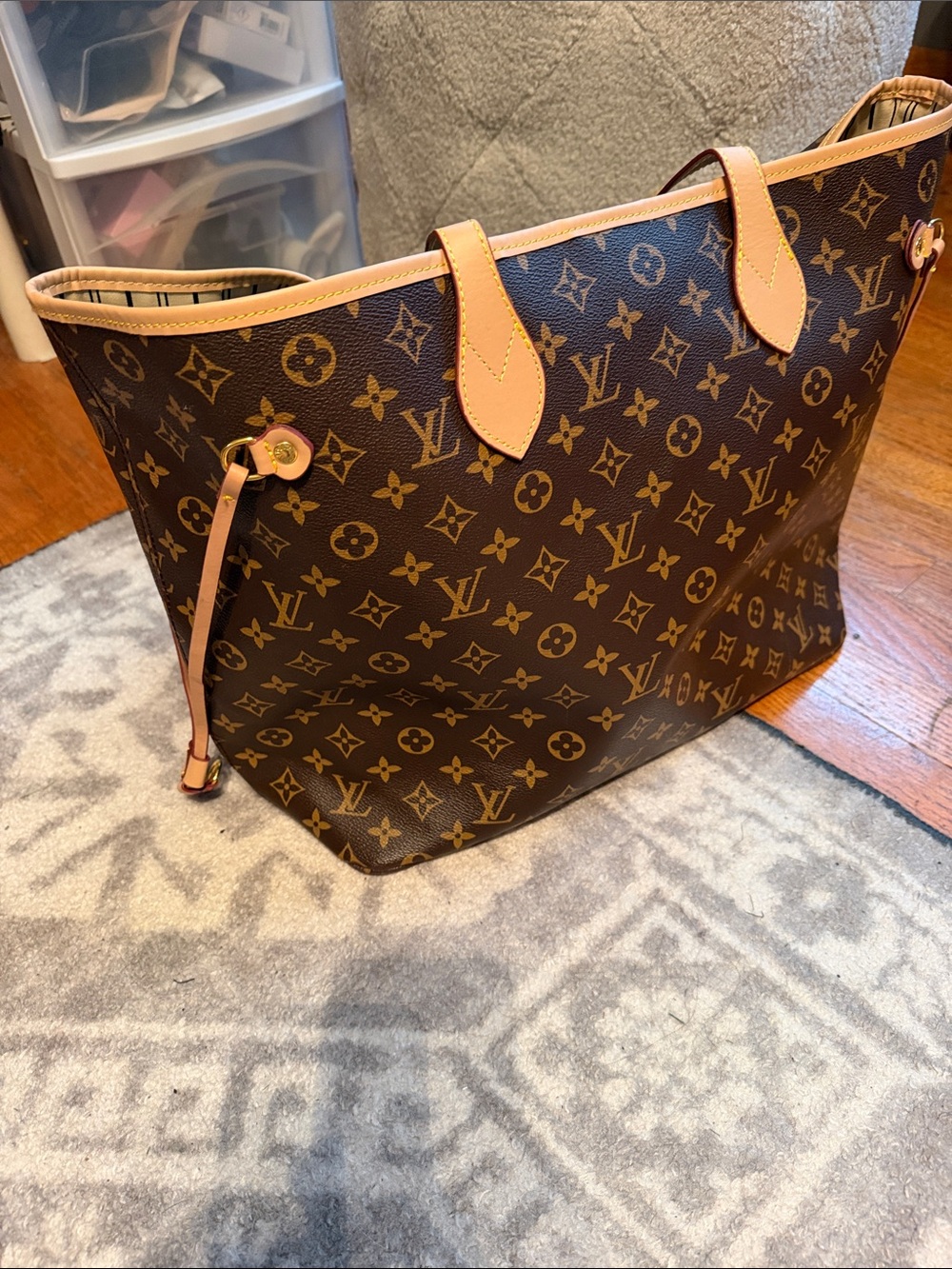 Designer Inspired Monogram Everyday Tote in Brown & Tan Length 14x12x20 - Picture 15 of 16